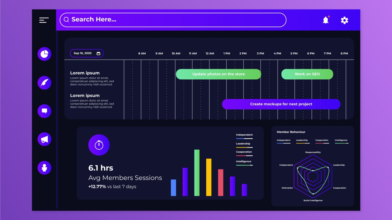 CMS dashboard with content calendar, scheduling tools, and recent post stats.