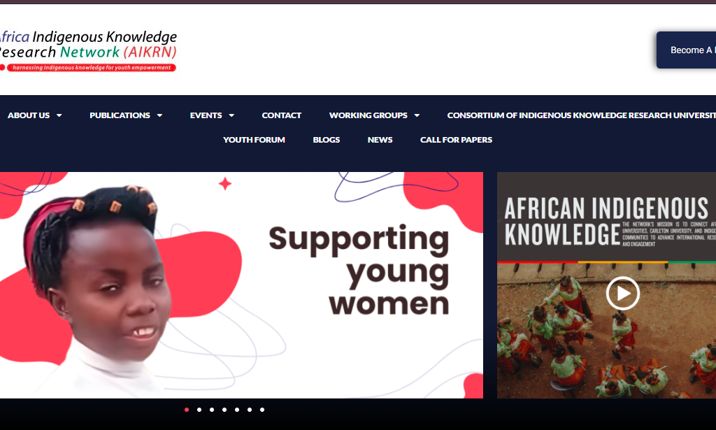 Screenshot of the AIKRN homepage showing a clean, responsive design with cultural imagery and a navigation bar linking to projects, events, and resources.
