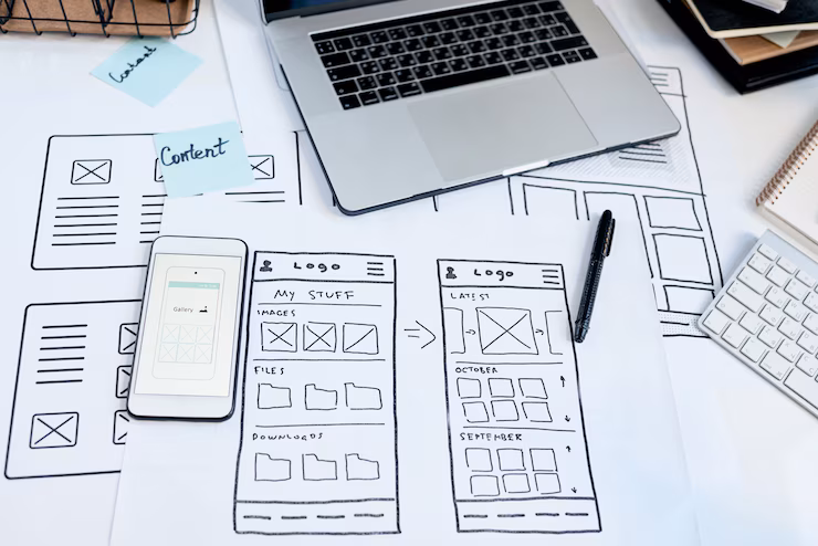 A flat-lay photo showing wireframe drawings, a notebook, and a laptop on a designer’s desk, representing the early stages of planning a high-performance business website.