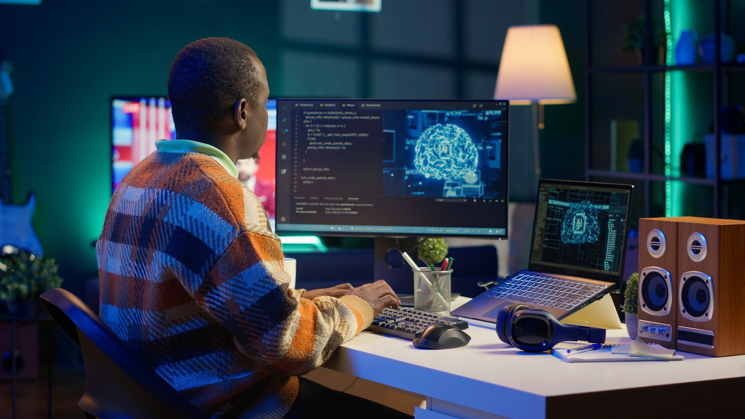 Professional male developer manages neural network at desk, working with AI code on laptop. African american IT expert freelancer developing cyber security, creating secure database. Camera A.