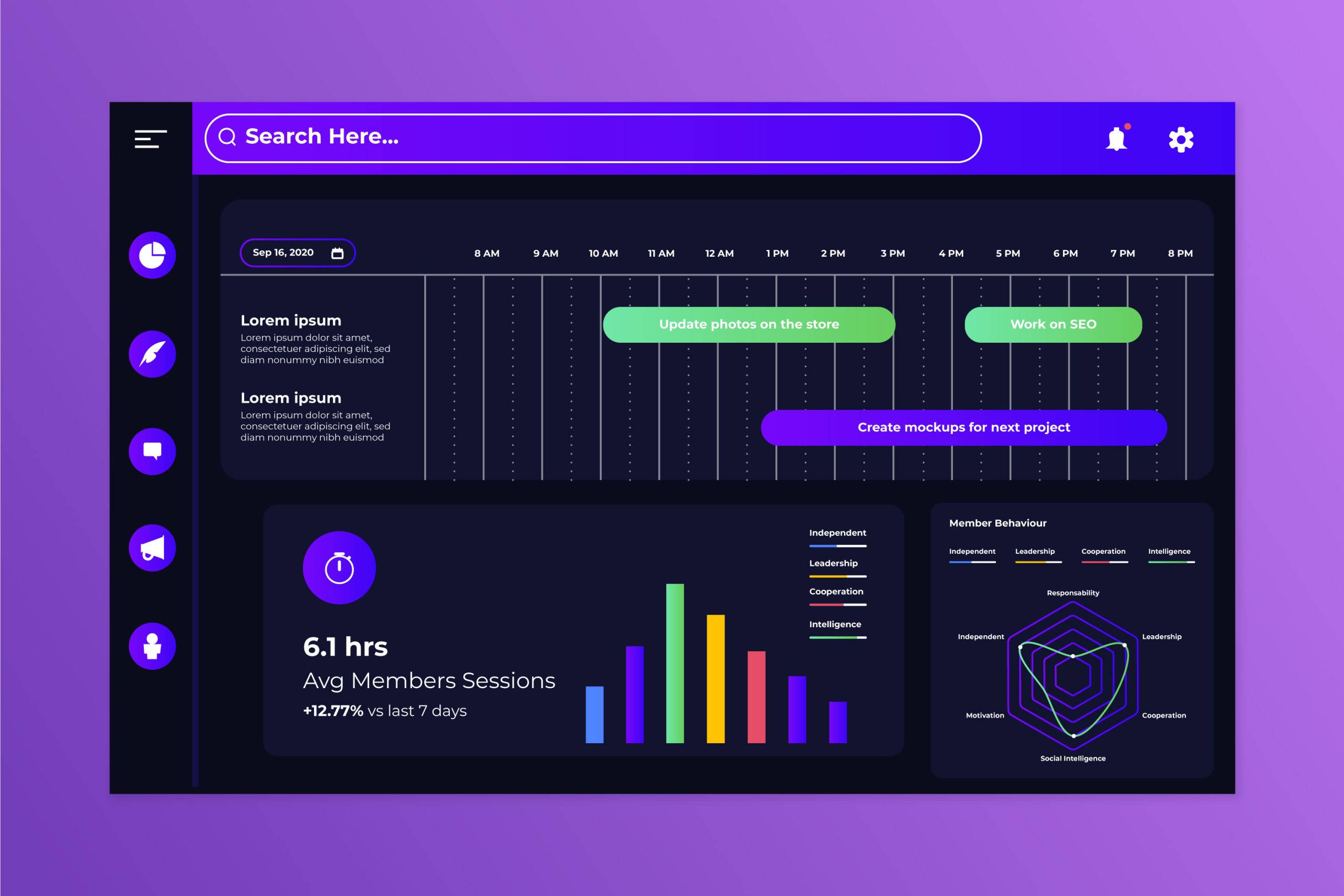 CMS dashboard with content calendar, scheduling tools, and recent post stats.